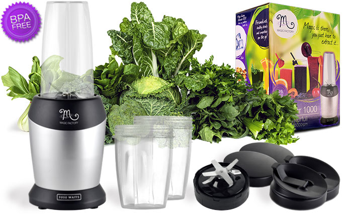Magic Factory Extractor 1000 blender package with cups blades and lids