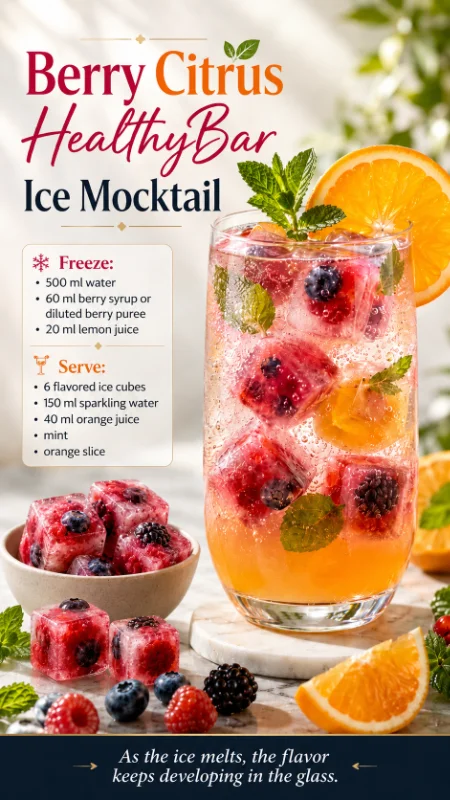 Berry Citrus HealthyBar Ice Mocktail with fruit ice cubes, orange and mint