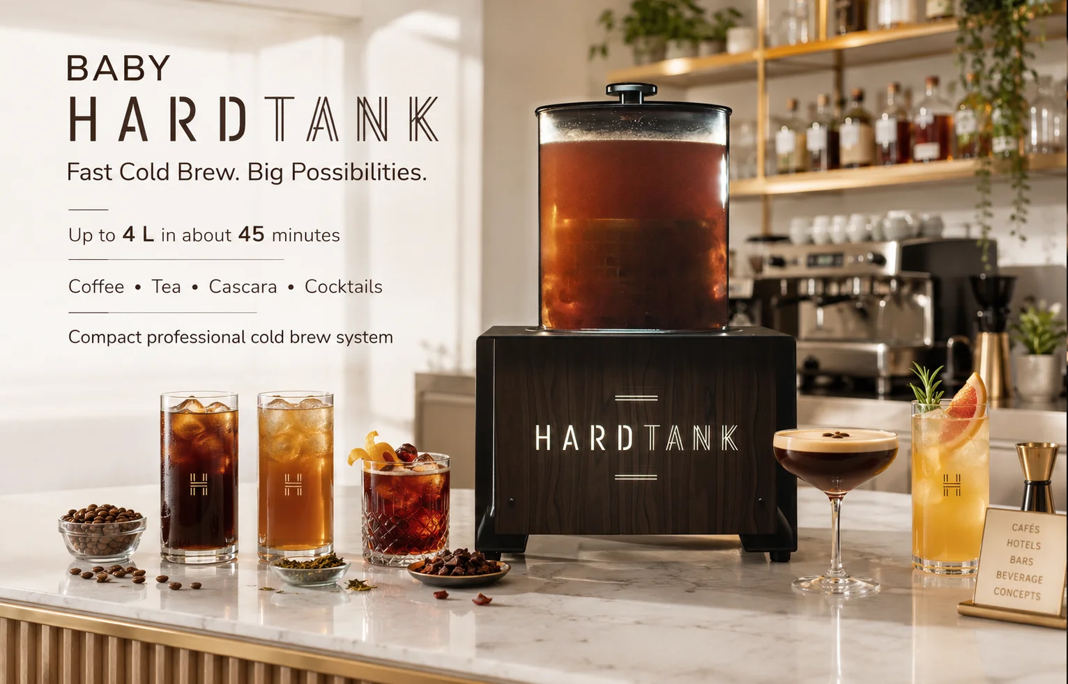Baby Hardtank fast cold brew system for coffee, tea, cascara and cocktail bases