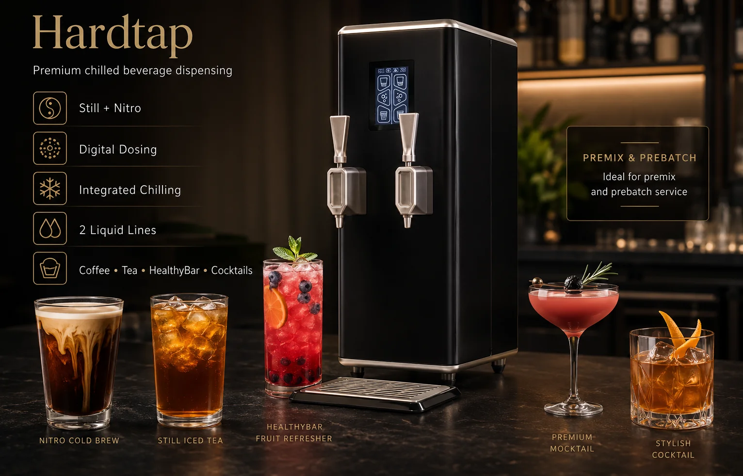 Hardtap premium still and nitro dispenser with examples of coffee, tea, fruit drinks, mocktails and cocktails