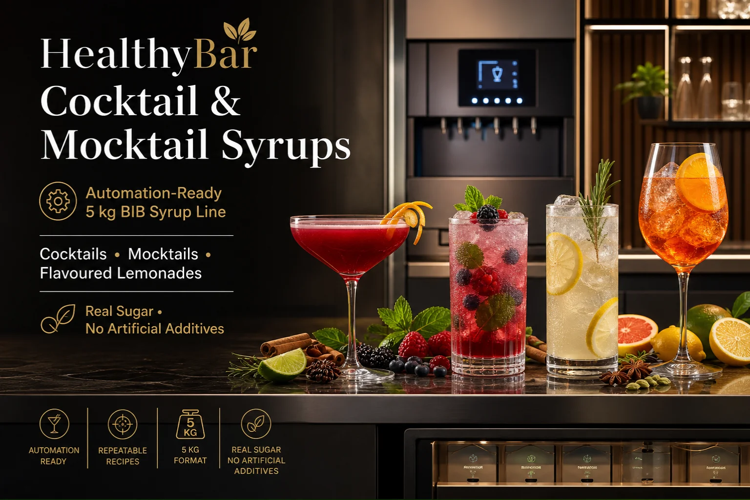 HealthyBar cocktail and mocktail syrups for HORECA post-mix systems, automated bar recipes and premium lemonade programs