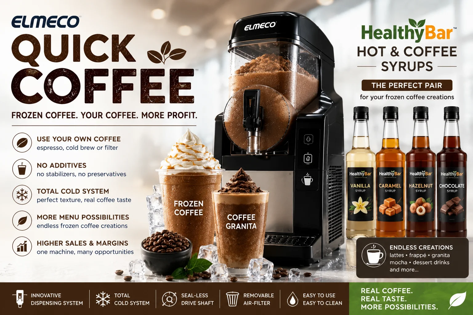 Elmeco Quick Coffee with HealthyBar hot and coffee syrups