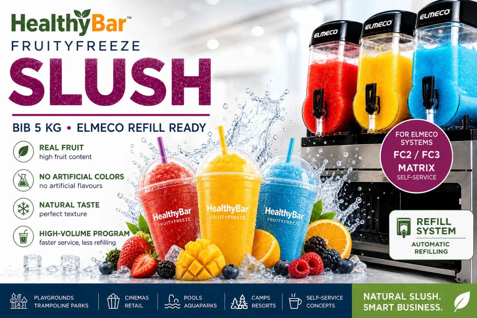 Elmeco First Class slush machine with HealthyBar FruityFreeze program