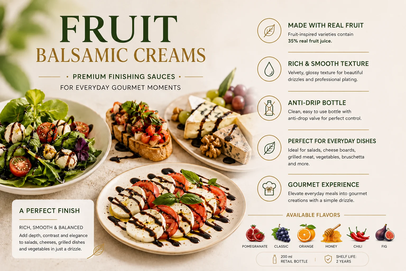 HealthyChef Fruit Balsamic Creams 200 ml for salads, cheese boards, grilled dishes and elegant home plating