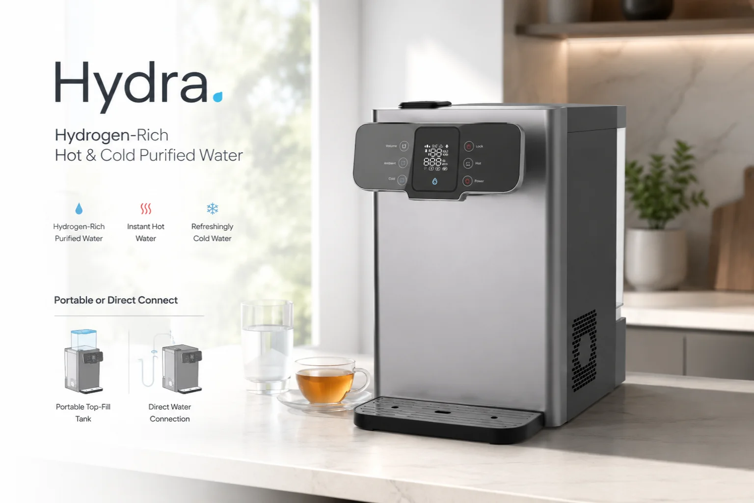 Hydra hydrogen-rich hot and cold purified water dispenser in a premium modern kitchen