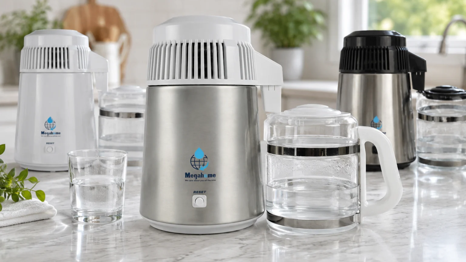 Megahome water distillers with classic and SS316 models in a premium kitchen setting